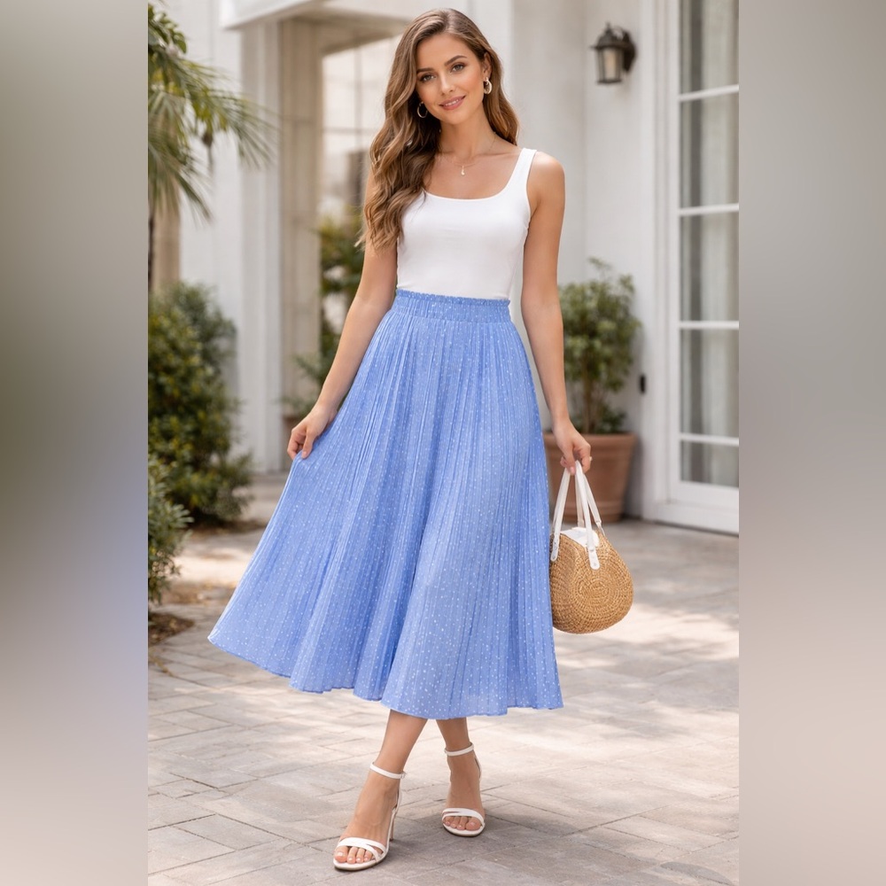 ✨EXLURA High Waist Polka Dot Pleated Skirt Midi Size XS